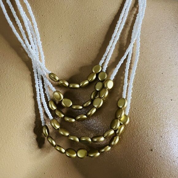 Vintage Necklace Seed Beads Gold  White Multi Strand 1096 - Picture 4 of 8